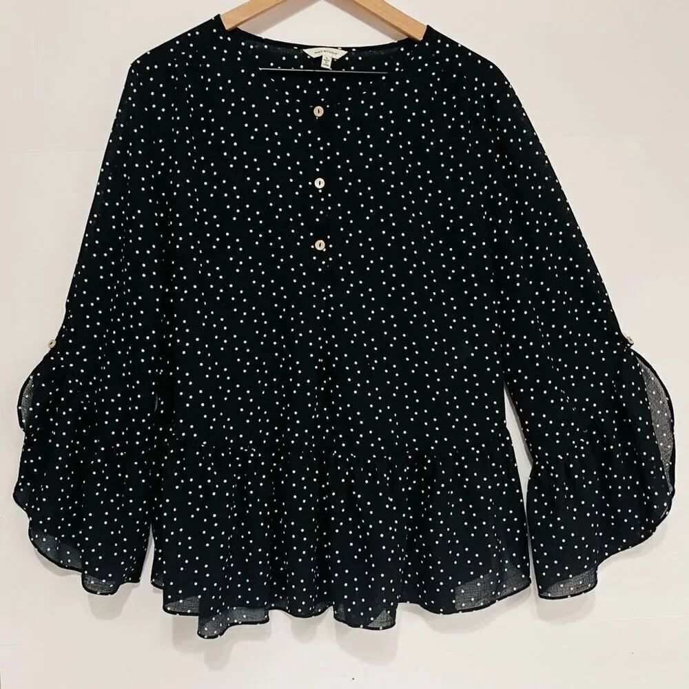 Max Studio Black With White Polka Dots Blouse   Size L